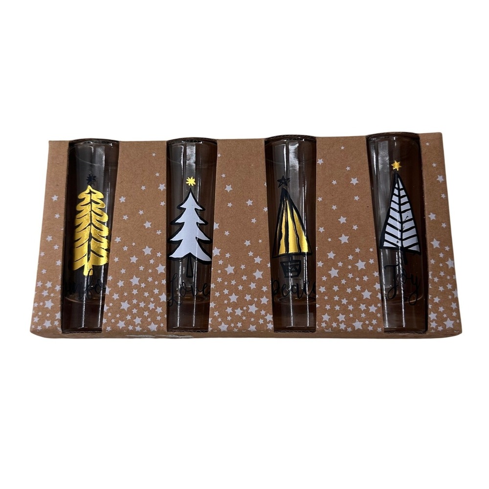 TMD Holiday Tall‎ Shooters Shot Glass Set 4 Christmas Tree Peace Love Joy Gold